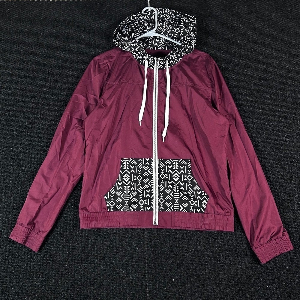 EMPYRE Windbreaker Jacket Burgundy Geometric Hooded‎ Zip Up Women's Size L